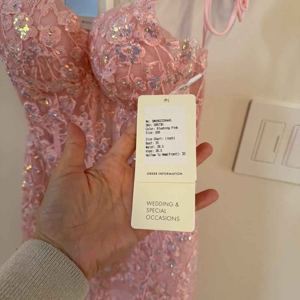 STACEES Floral Sequined Lace-Up Homecoming Dress Glitter Blushing Pink 6 NWT - Picture 5 of 13